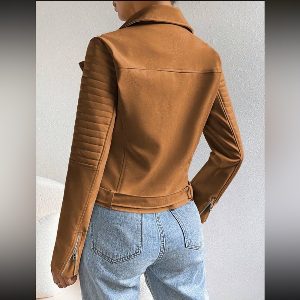 leather zipper biker moto motorcycle jacket camel - Picture 7 of 10